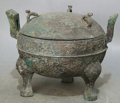 song voge gem S2236 10" Ancient Chinese dynasty Bronze 3 Foot handle water food vessel Pot Jar Crock