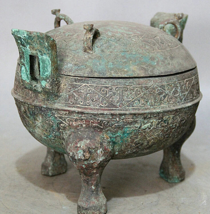 song voge gem S2236 10" Ancient Chinese dynasty Bronze 3 Foot handle water food vessel Pot Jar Crock