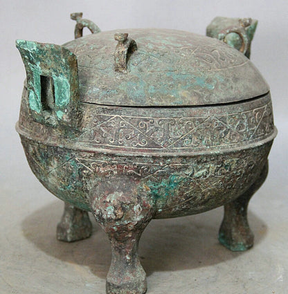 song voge gem S2236 10" Ancient Chinese dynasty Bronze 3 Foot handle water food vessel Pot Jar Crock