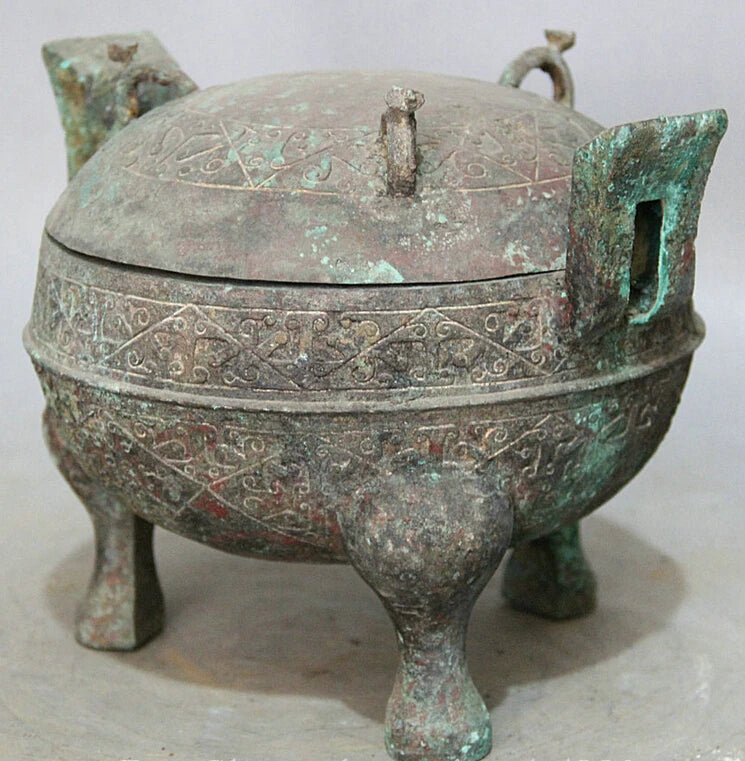 song voge gem S2236 10" Ancient Chinese dynasty Bronze 3 Foot handle water food vessel Pot Jar Crock