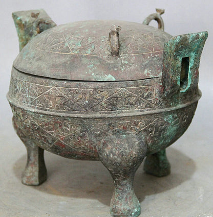 song voge gem S2236 10" Ancient Chinese dynasty Bronze 3 Foot handle water food vessel Pot Jar Crock