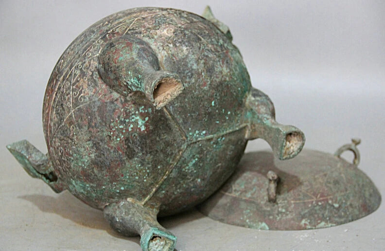 song voge gem S2236 10" Ancient Chinese dynasty Bronze 3 Foot handle water food vessel Pot Jar Crock