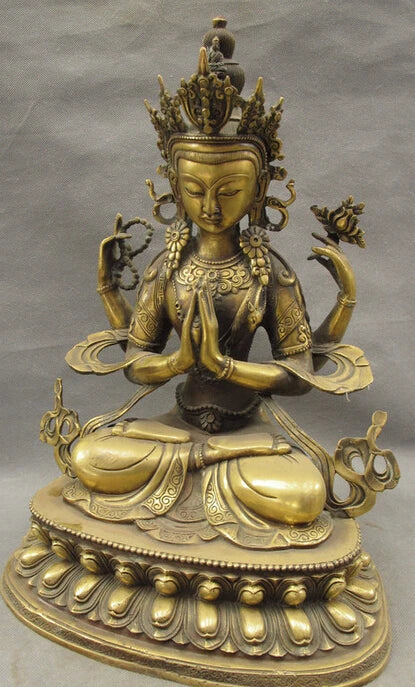 song voge gem S2382 18" Tibet Bronze 4 Arms Chenrezig Buddha Kwan-yin GuanYin Bodhisattva Statue