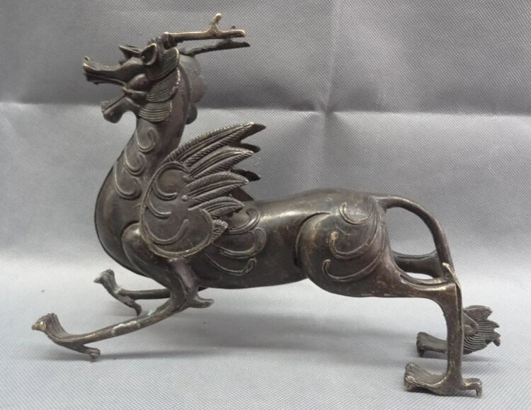 song voge gem S2407 11" Chinese Bronze Myth Beast Wealth FengShui Unicorn Dragon Kylin Head Statue