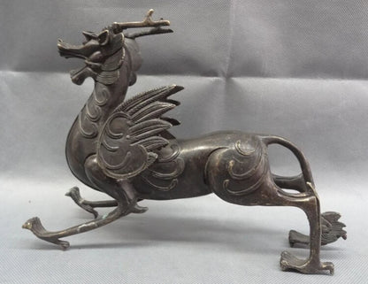 song voge gem S2407 11" Chinese Bronze Myth Beast Wealth FengShui Unicorn Dragon Kylin Head Statue