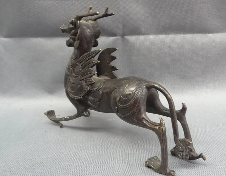 song voge gem S2407 11" Chinese Bronze Myth Beast Wealth FengShui Unicorn Dragon Kylin Head Statue