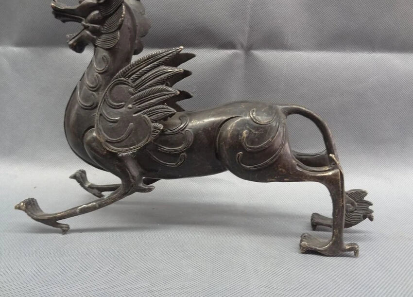song voge gem S2407 11" Chinese Bronze Myth Beast Wealth FengShui Unicorn Dragon Kylin Head Statue