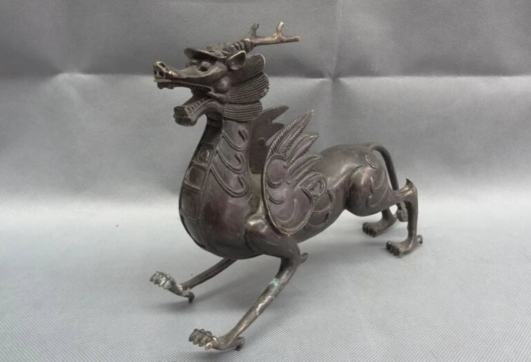 song voge gem S2407 11" Chinese Bronze Myth Beast Wealth FengShui Unicorn Dragon Kylin Head Statue