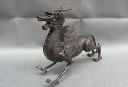 song voge gem S2407 11" Chinese Bronze Myth Beast Wealth FengShui Unicorn Dragon Kylin Head Statue