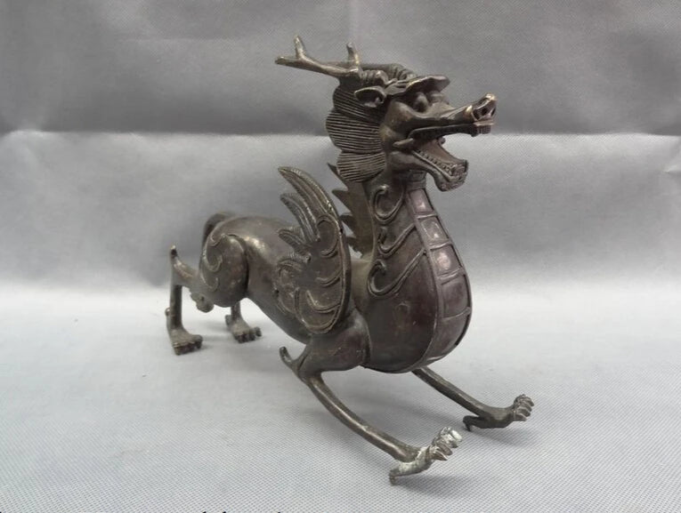 song voge gem S2407 11" Chinese Bronze Myth Beast Wealth FengShui Unicorn Dragon Kylin Head Statue