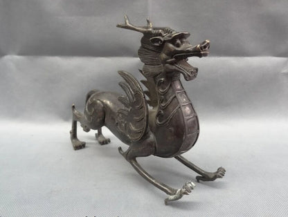 song voge gem S2407 11" Chinese Bronze Myth Beast Wealth FengShui Unicorn Dragon Kylin Head Statue