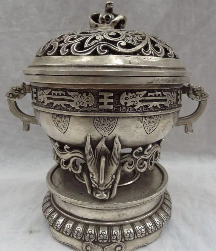 song voge gem S2738 8" Folk Tibet Silver Dragon Head Statue Buddhism Brass Incense Burner Censer