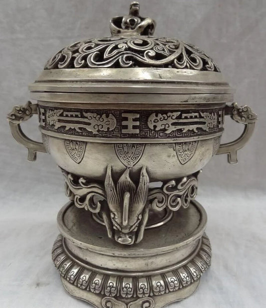song voge gem S2738 8" Folk Tibet Silver Dragon Head Statue Buddhism Brass Incense Burner Censer