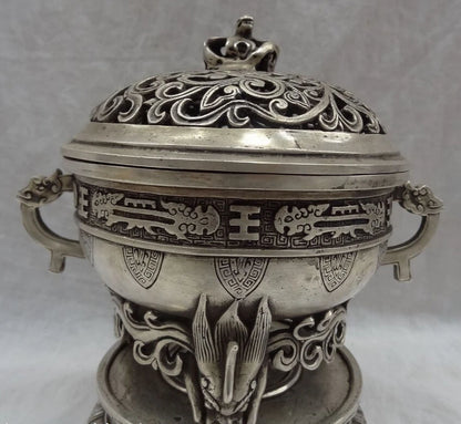 song voge gem S2738 8" Folk Tibet Silver Dragon Head Statue Buddhism Brass Incense Burner Censer