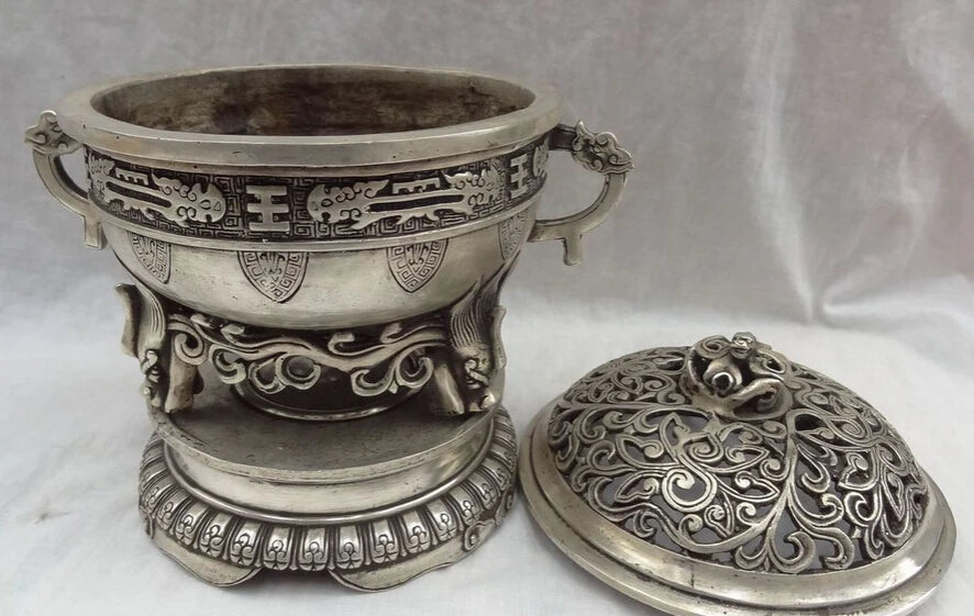 song voge gem S2738 8" Folk Tibet Silver Dragon Head Statue Buddhism Brass Incense Burner Censer