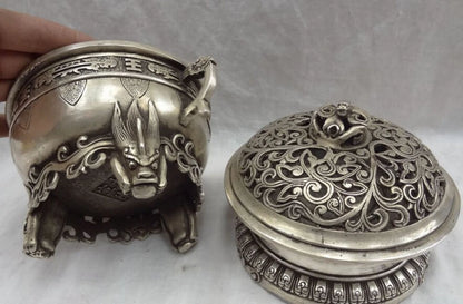 song voge gem S2738 8" Folk Tibet Silver Dragon Head Statue Buddhism Brass Incense Burner Censer