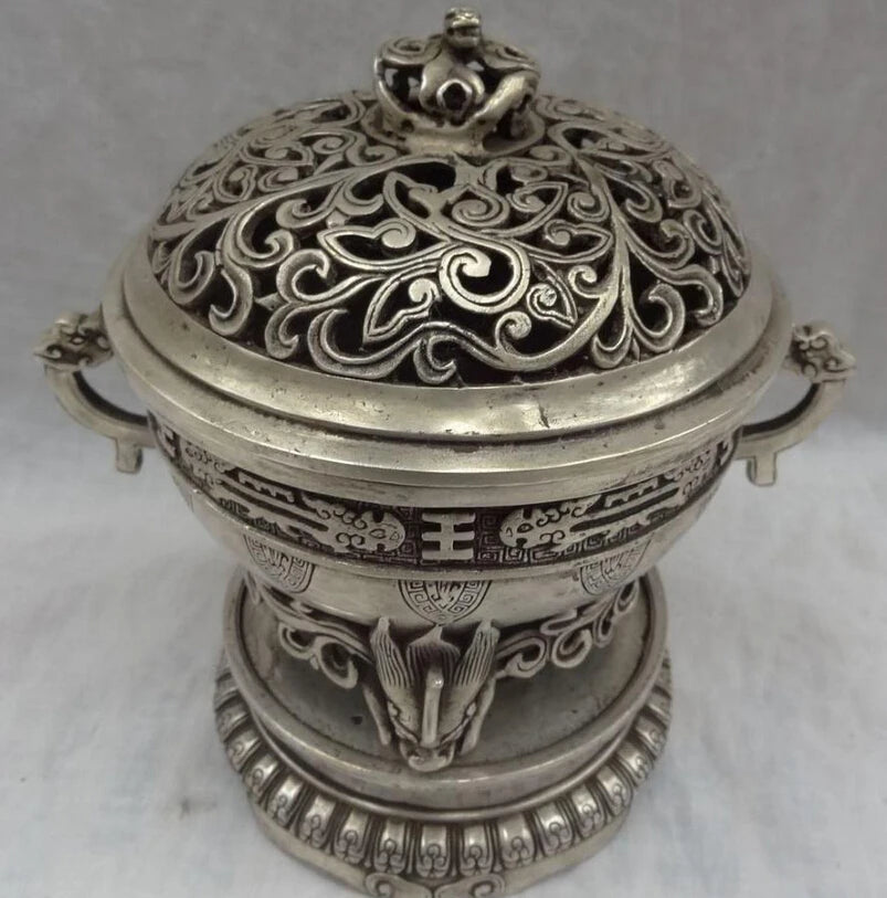 song voge gem S2738 8" Folk Tibet Silver Dragon Head Statue Buddhism Brass Incense Burner Censer