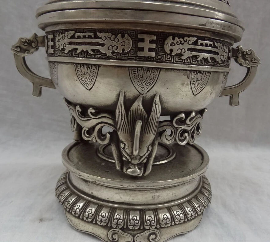 song voge gem S2738 8" Folk Tibet Silver Dragon Head Statue Buddhism Brass Incense Burner Censer