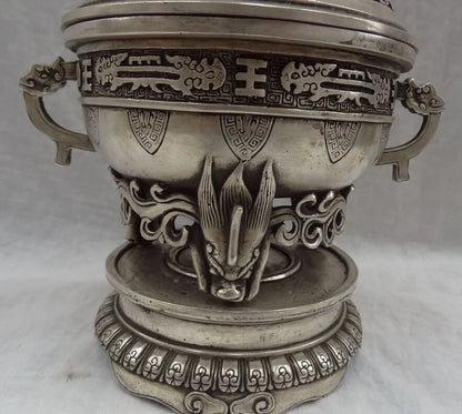 song voge gem S2738 8" Folk Tibet Silver Dragon Head Statue Buddhism Brass Incense Burner Censer
