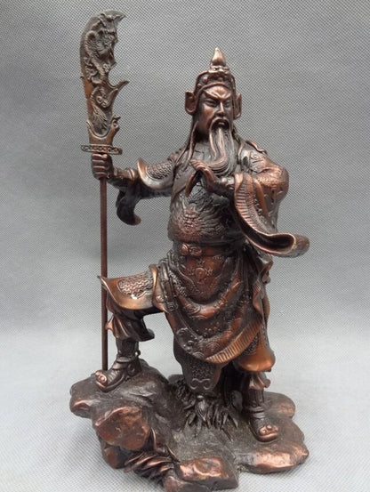 song voge gem S3007 10" Chinese Bronze Warrior King Dragon Head Saber Stand GuanGong GuanYu Statue