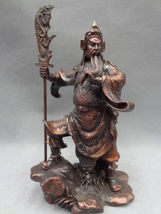 song voge gem S3007 10" Chinese Bronze Warrior King Dragon Head Saber Stand GuanGong GuanYu Statue