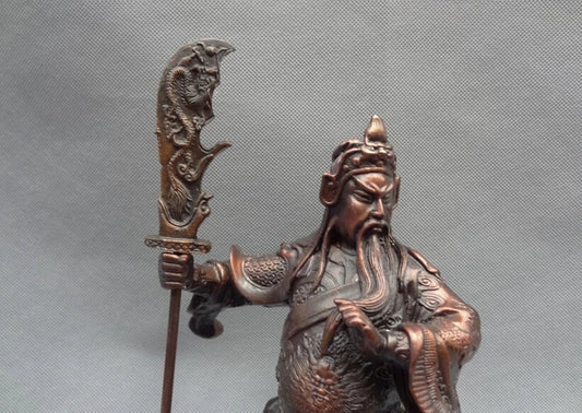song voge gem S3007 10" Chinese Bronze Warrior King Dragon Head Saber Stand GuanGong GuanYu Statue