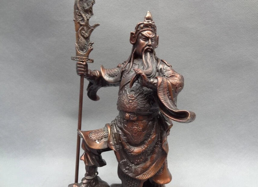 song voge gem S3007 10" Chinese Bronze Warrior King Dragon Head Saber Stand GuanGong GuanYu Statue