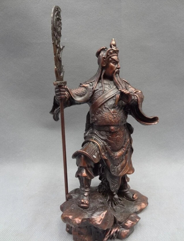 song voge gem S3007 10" Chinese Bronze Warrior King Dragon Head Saber Stand GuanGong GuanYu Statue