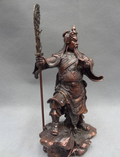 song voge gem S3007 10" Chinese Bronze Warrior King Dragon Head Saber Stand GuanGong GuanYu Statue