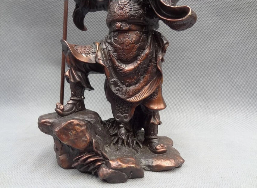 song voge gem S3007 10" Chinese Bronze Warrior King Dragon Head Saber Stand GuanGong GuanYu Statue
