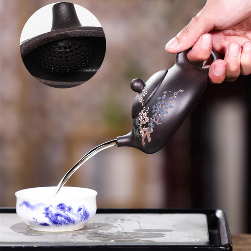 tea pot with ball shaped infuser holes handmade floral relief Chinese character marked pot original ore real yixing zisha clay