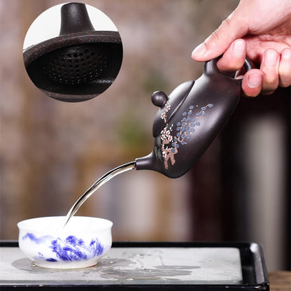 tea pot with ball shaped infuser holes handmade floral relief Chinese character marked pot original ore real yixing zisha clay