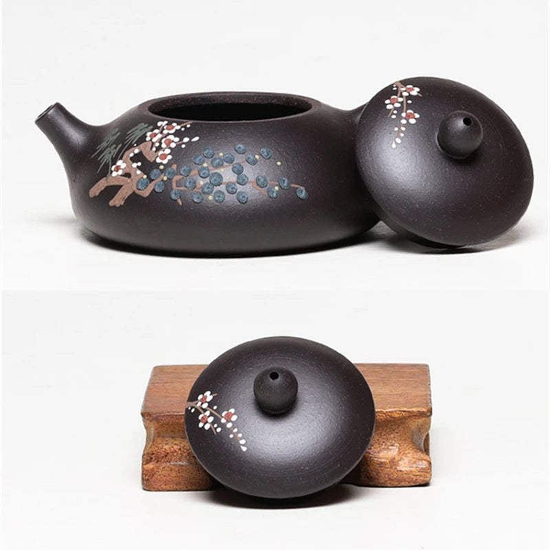 tea pot with ball shaped infuser holes handmade floral relief Chinese character marked pot original ore real yixing zisha clay