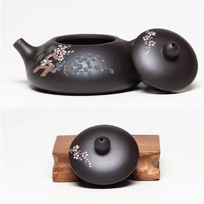 tea pot with ball shaped infuser holes handmade floral relief Chinese character marked pot original ore real yixing zisha clay