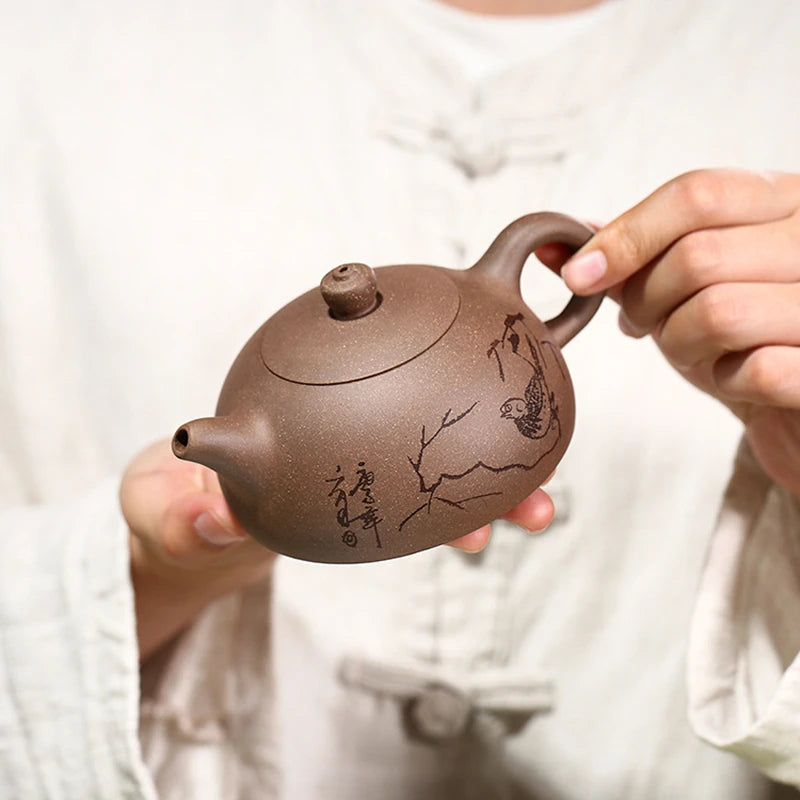tea pot with tea infuser 7 holes bird print handmade half moon design marked master pot original ore real yixing zisha duan clay