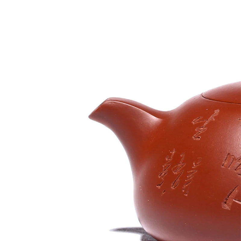 true yixing zisha dahongpao clay marked handmade carved Chinese characters half moon pot original ore classical 10 infuser holes
