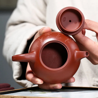 true yixing zisha dahongpao clay marked handmade carved Chinese characters half moon pot original ore classical 10 infuser holes