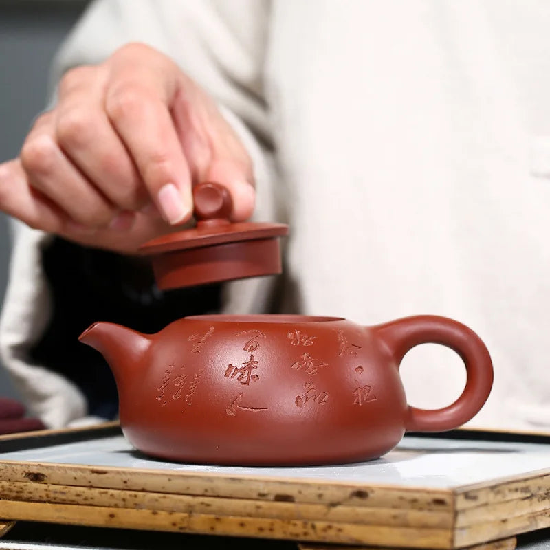 true yixing zisha dahongpao clay marked handmade carved Chinese characters half moon pot original ore classical 10 infuser holes