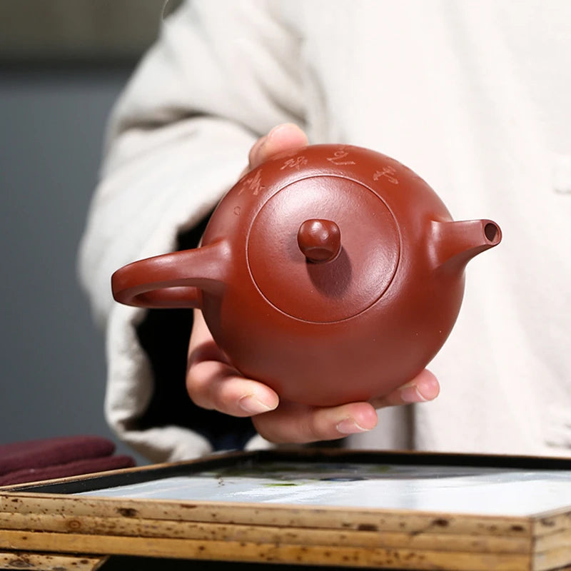 true yixing zisha dahongpao clay marked handmade carved Chinese characters half moon pot original ore classical 10 infuser holes