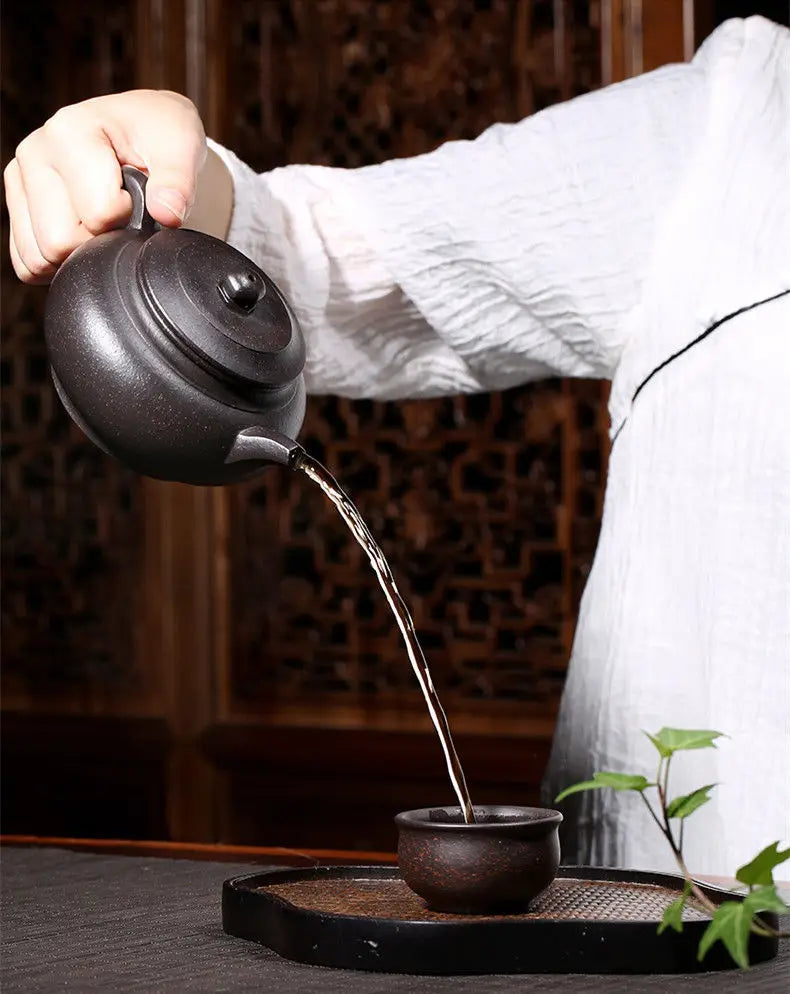 true yixing zisha tea pot marked full handmade ball shaped infuser holes pot of tea black galaxy clay original ore tea cup China