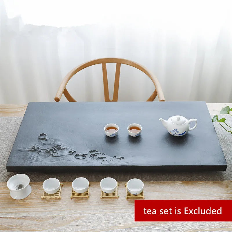 water weave engraved tea tray black stone tea table invisible water draining outlet handmade carved serving tray tea boat China