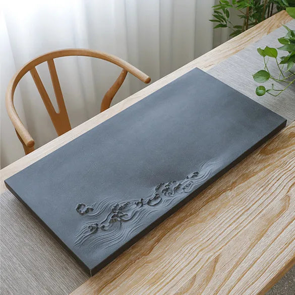 water weave engraved tea tray black stone tea table invisible water draining outlet handmade carved serving tray tea boat China