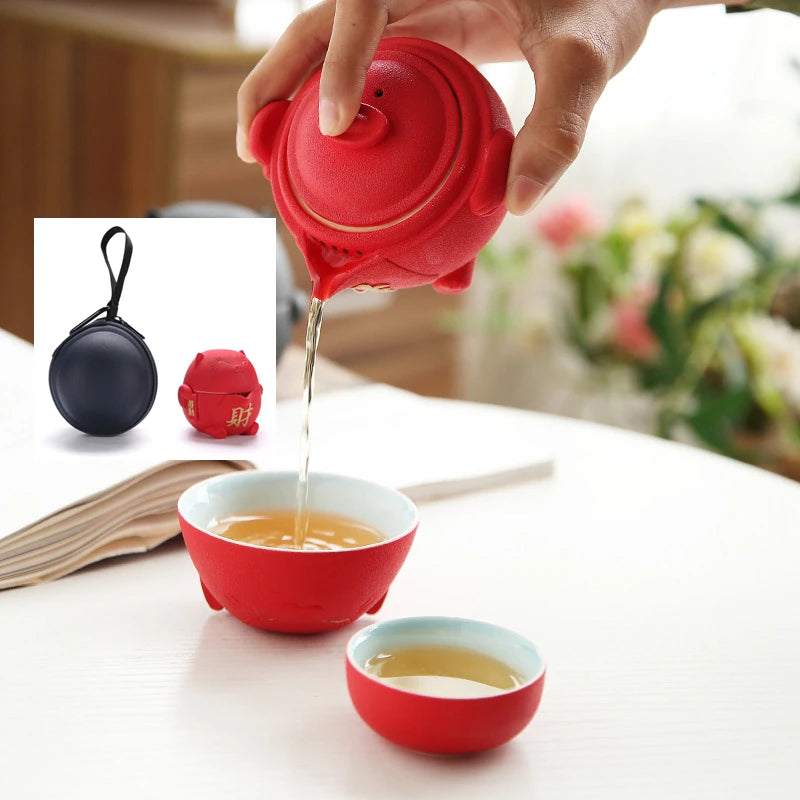 wealthy cat design porcelain tea pot matching cup portable tea set for travel Chinese kungfu teasets on sales