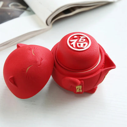 wealthy cat design porcelain tea pot matching cup portable tea set for travel Chinese kungfu teasets on sales