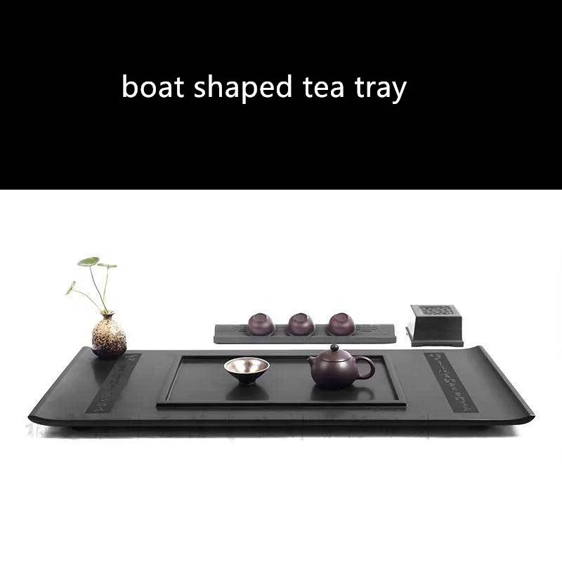 weighted heavy black stone tea tray boat shape creative tea table for kungfu tea set handmade serving tray Chinese word engraved