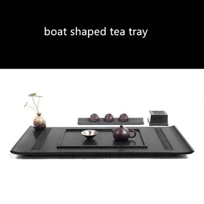 weighted heavy black stone tea tray boat shape creative tea table for kungfu tea set handmade serving tray Chinese word engraved
