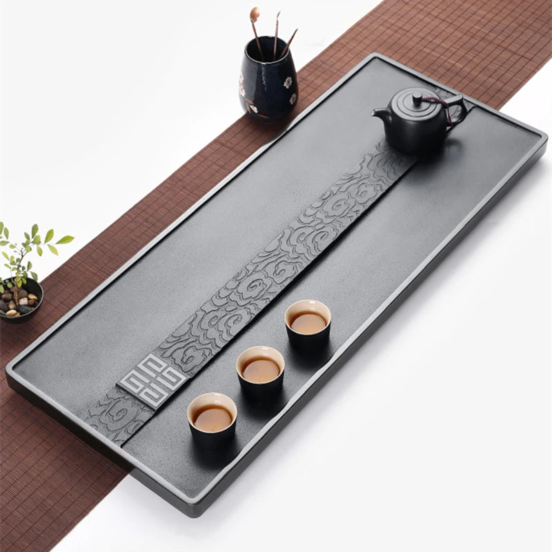 weighted tea tray double line invisible water draining outlet black stone tea table for Chinese tea set multi size tea boat new