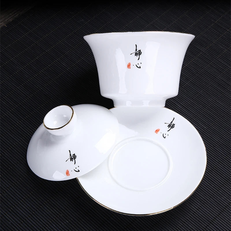 white china gaiwan dehua porcelain tureen cup saucer Zen style Chinese kungfu cup bowl set with lid