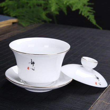 white china gaiwan dehua porcelain tureen cup saucer Zen style Chinese kungfu cup bowl set with lid