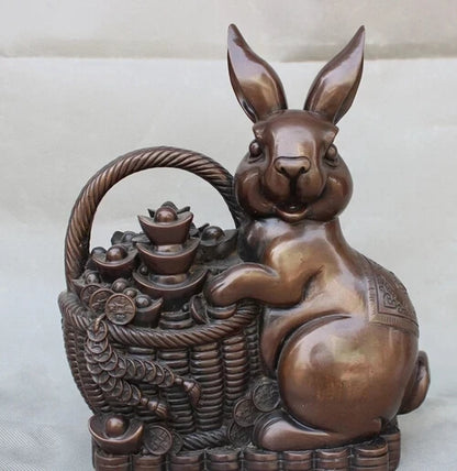 wholesale factory 11" Lucky Chinese Pure Bronze Animals Lovely Rabbit Carry Wealth Treasure Statue 25% off